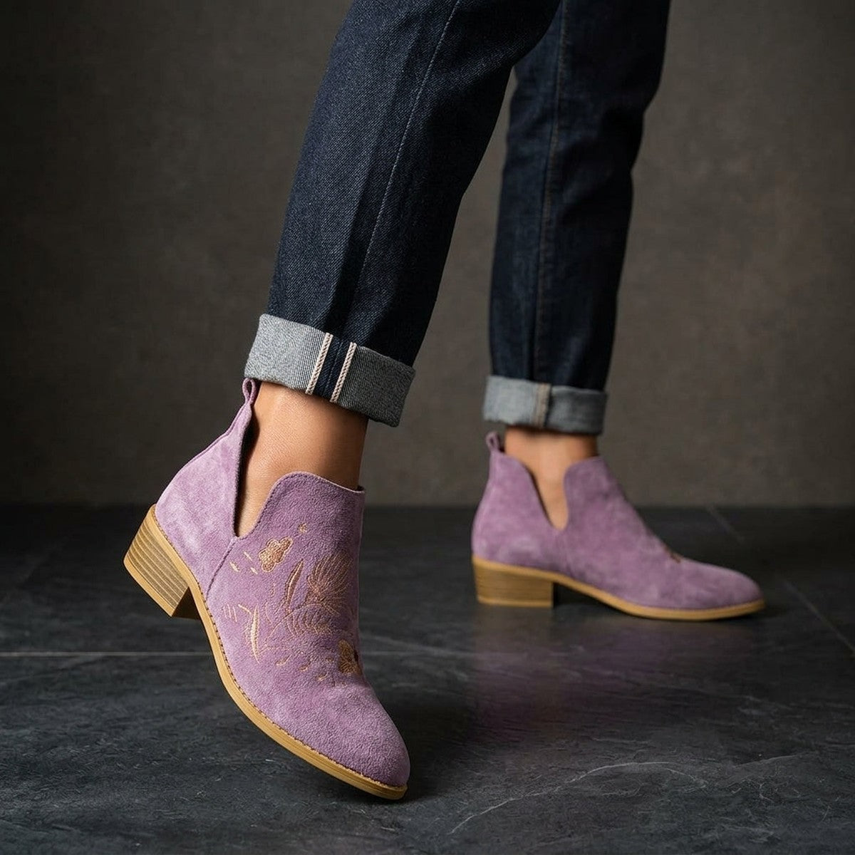 Western Ankle Boots with Floral Embroidery and Chunky Block Heel