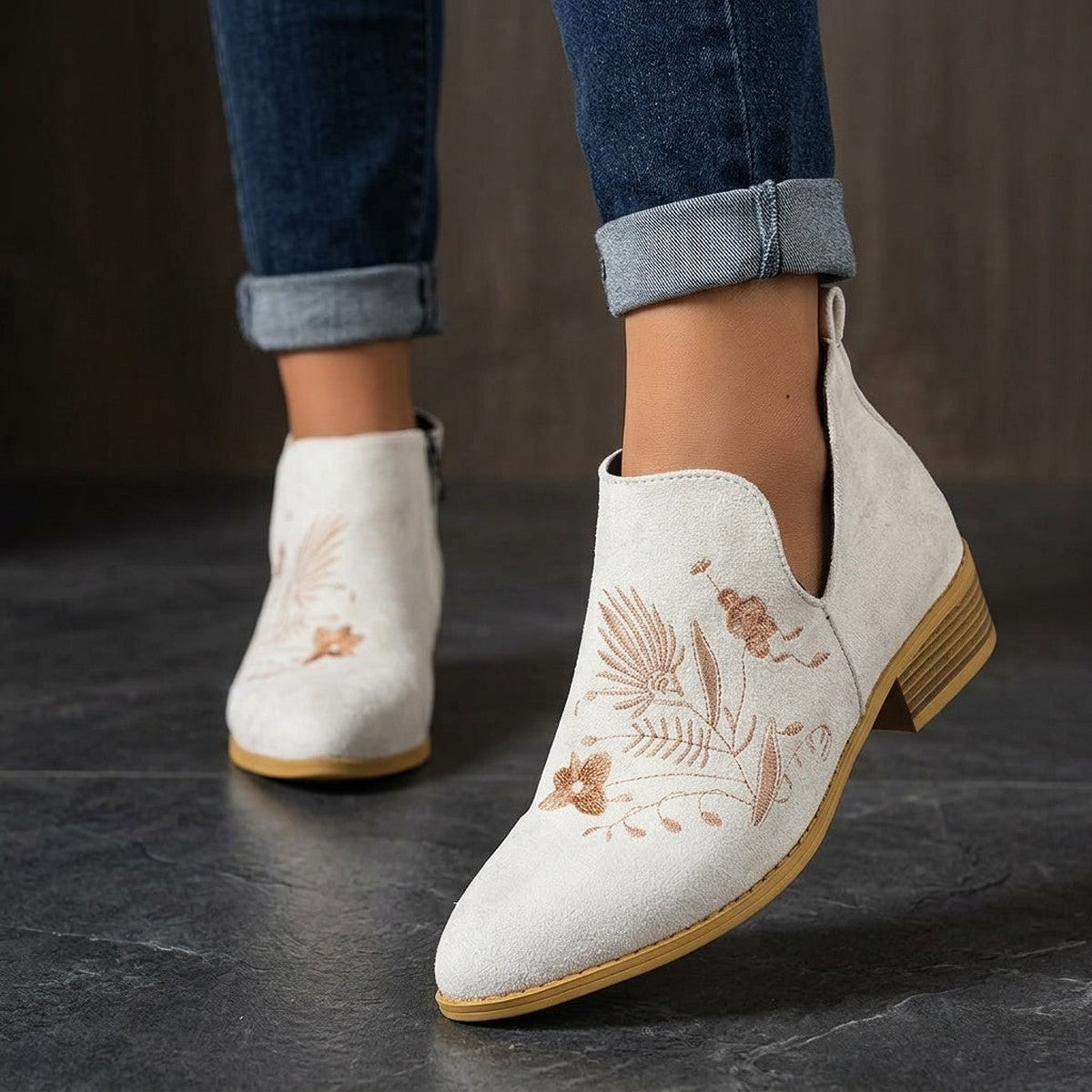 Western Ankle Boots with Floral Embroidery and Chunky Block Heel