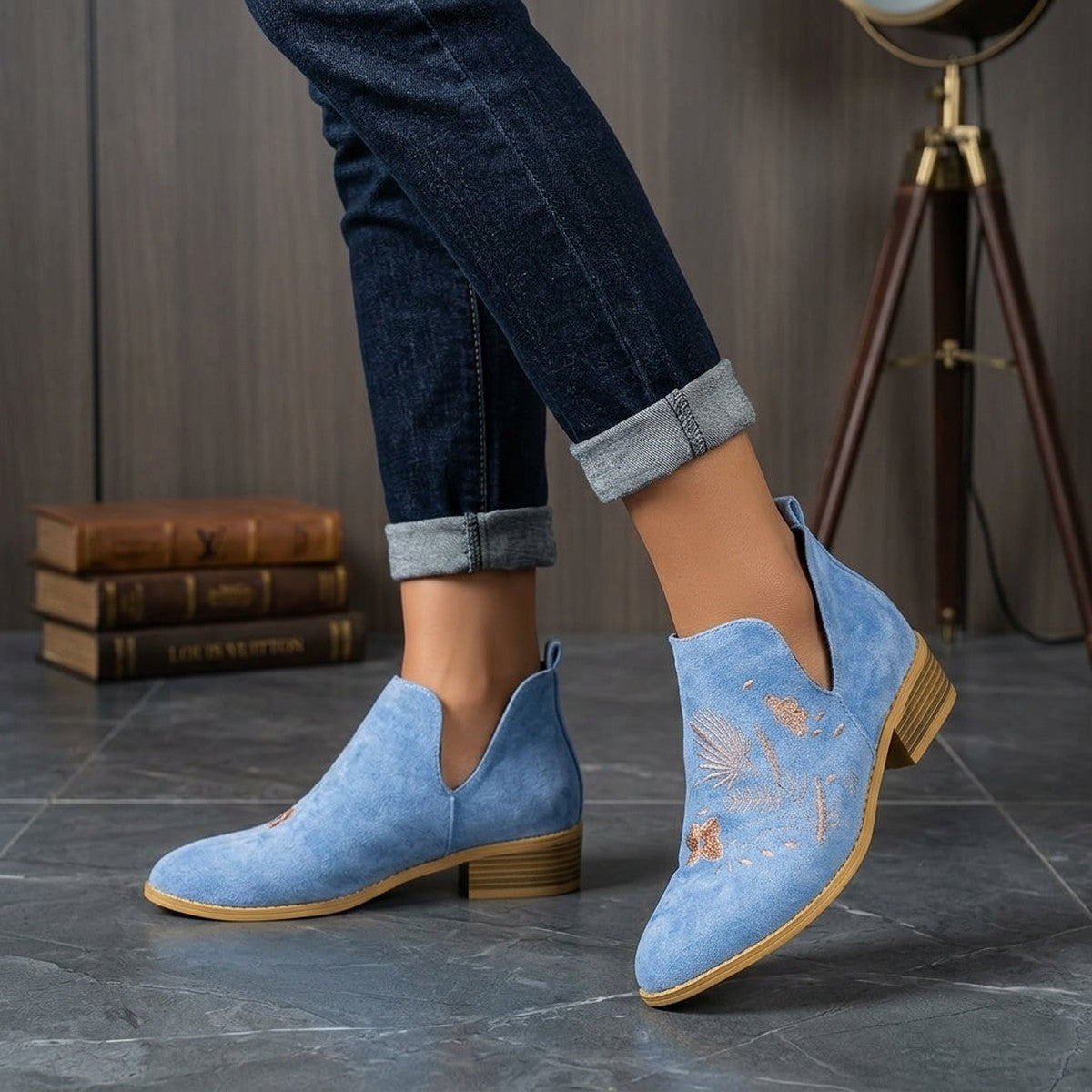 Western Ankle Boots with Floral Embroidery and Chunky Block Heel