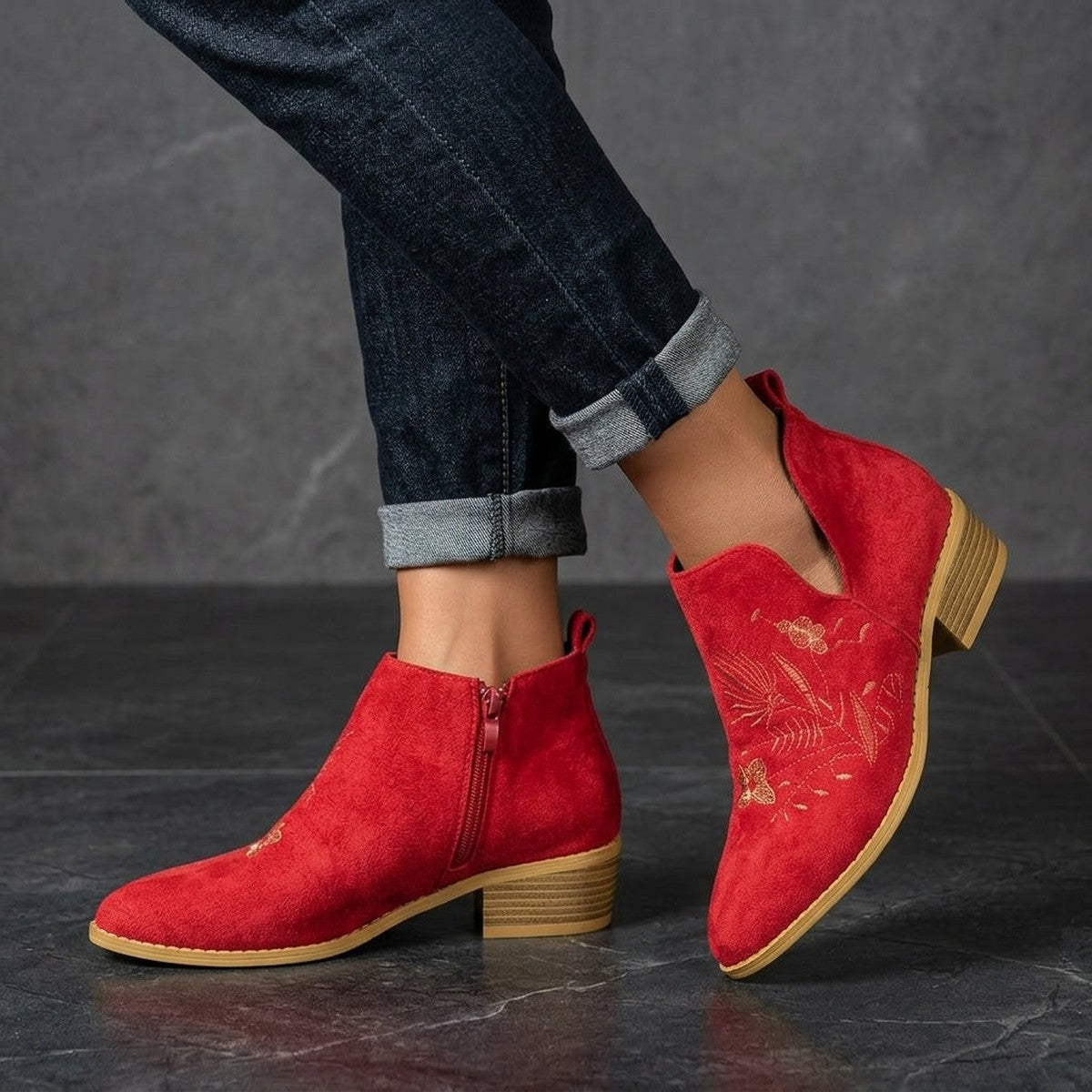 Western Ankle Boots with Floral Embroidery and Chunky Block Heel