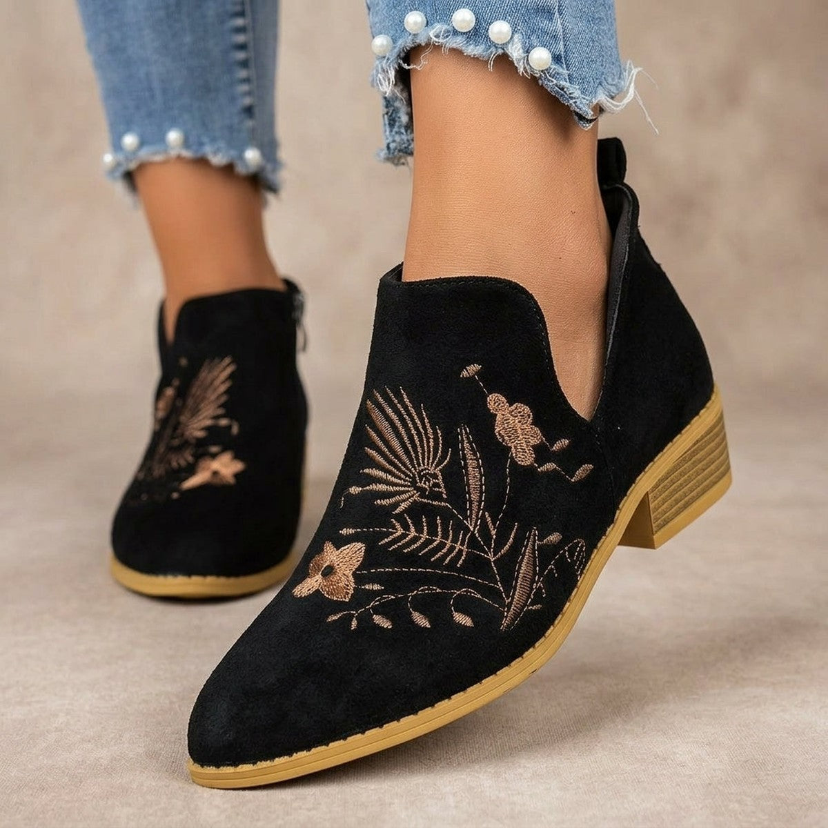 Western Ankle Boots with Floral Embroidery and Chunky Block Heel