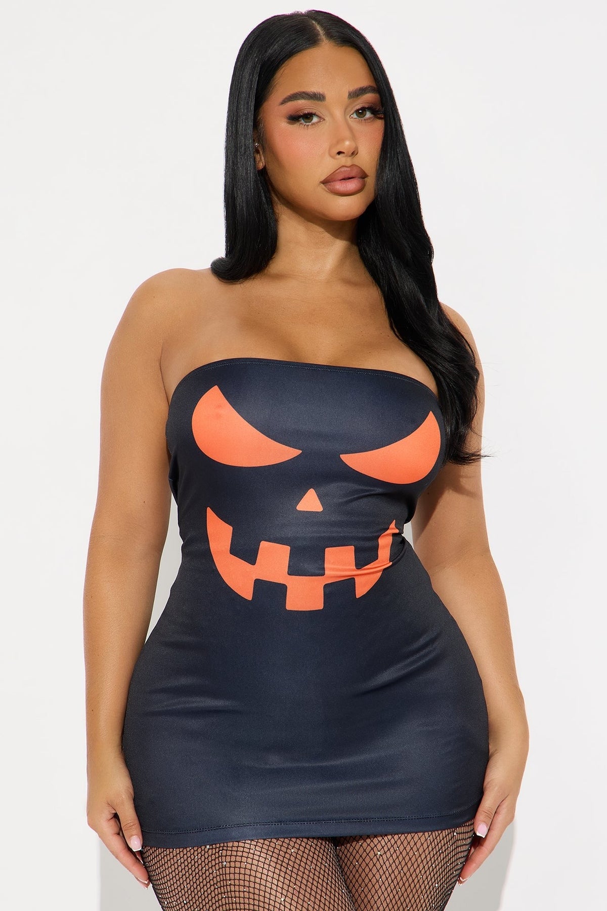 Womens Jack O Lantern Graphic Strapless Mini Dress with Bodycon Fit