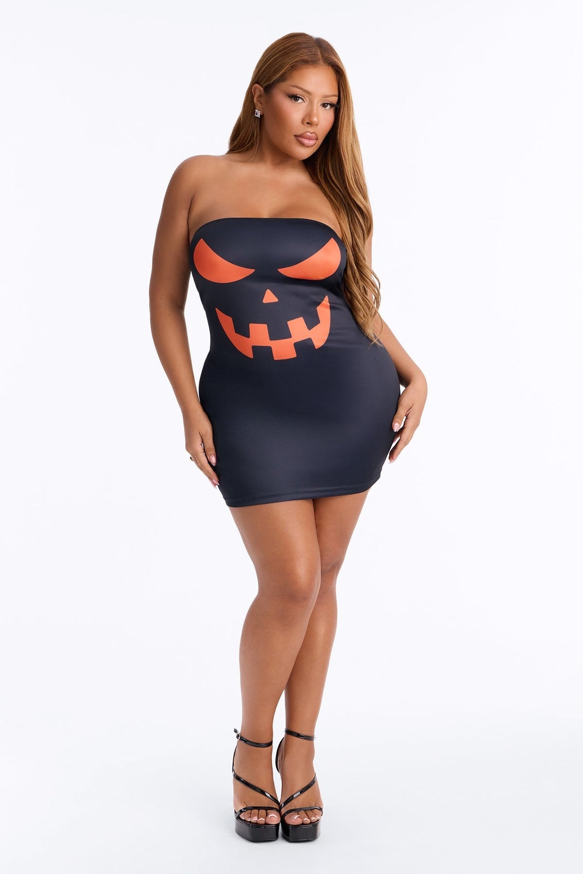 Womens Jack O Lantern Graphic Strapless Mini Dress with Bodycon Fit