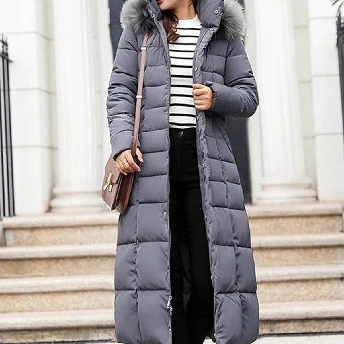 Quilted Puffer Winter Coat with Stand Collar and Snap Button Closure
