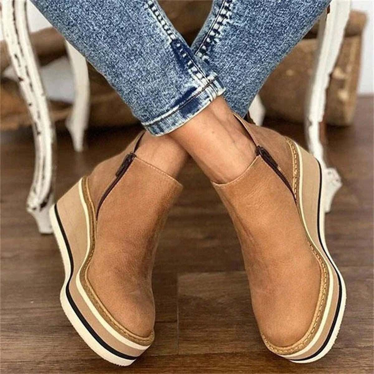 Womens Wedge Ankle Booties with Side Zipper and Platform Sole