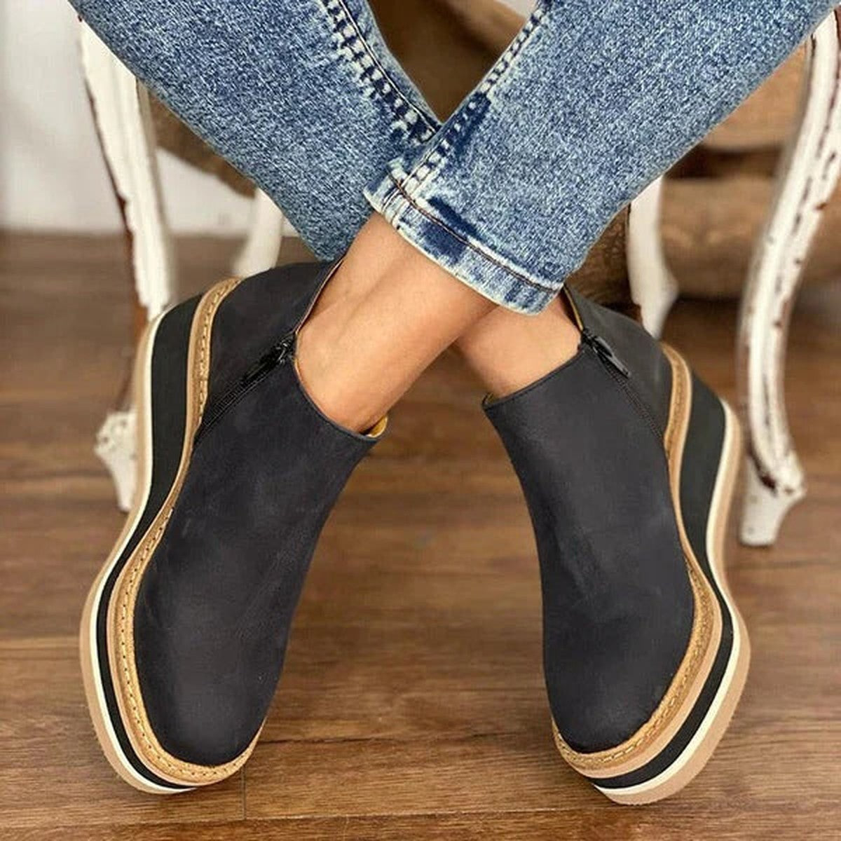 Womens Wedge Ankle Booties with Side Zipper and Platform Sole