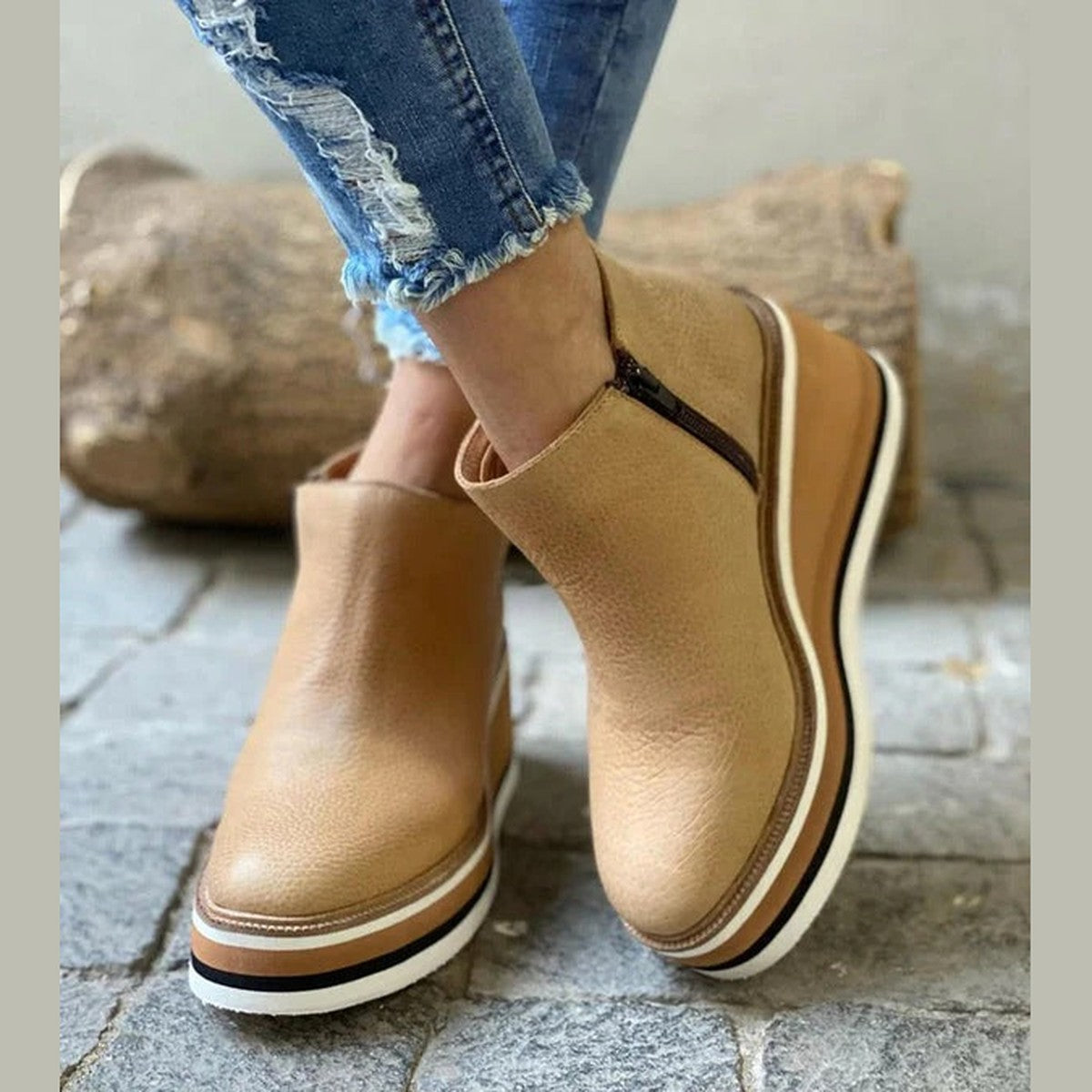 Womens Wedge Ankle Booties with Side Zipper and Platform Sole