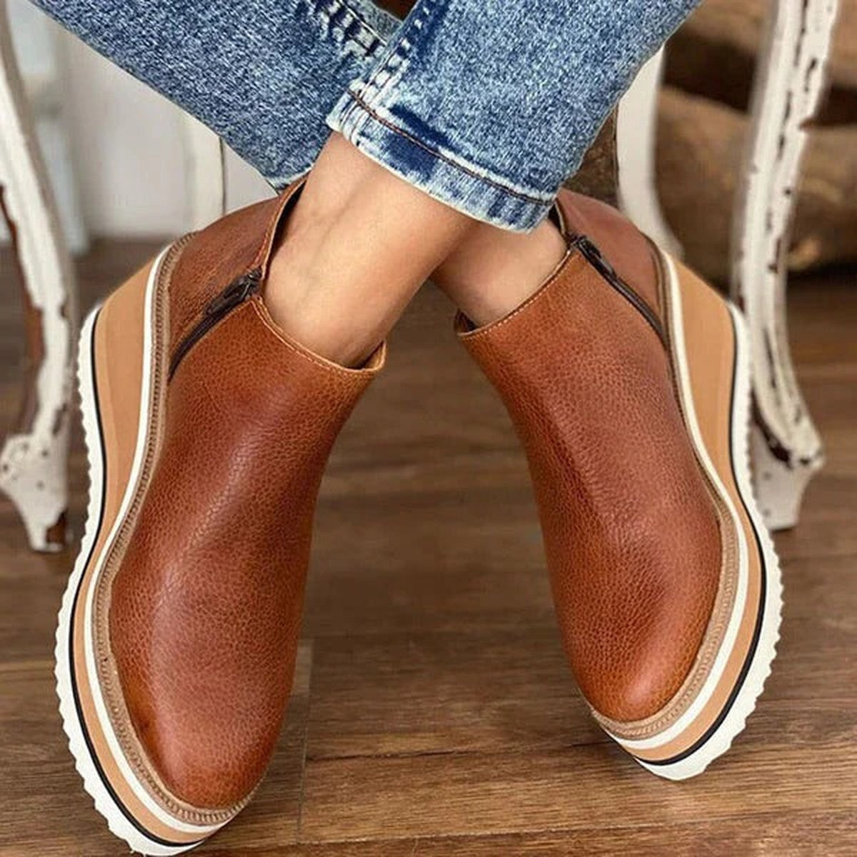Womens Wedge Ankle Booties with Side Zipper and Platform Sole