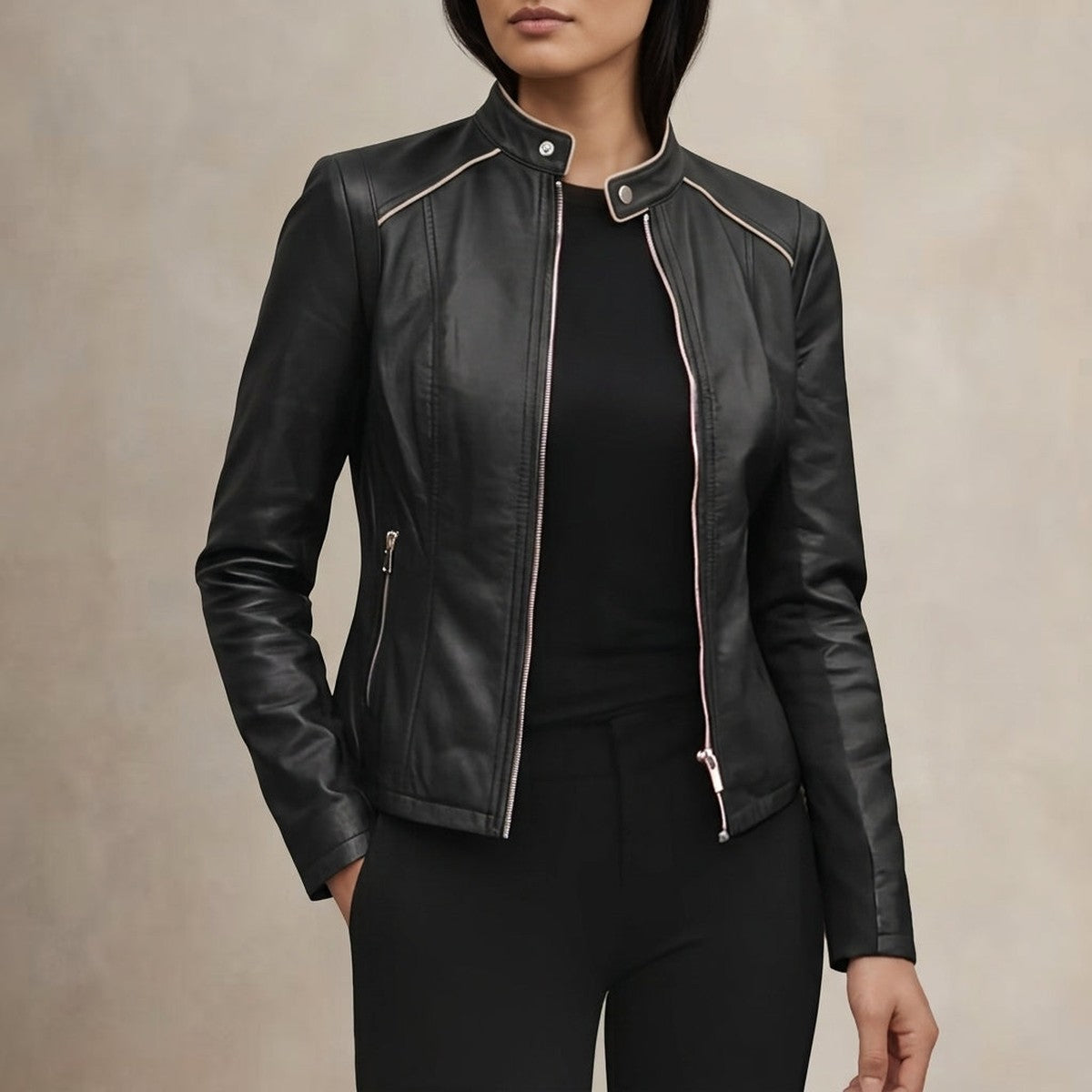 Womens Slim Fit Leather Moto Jacket with Asymmetrical Front Zipper