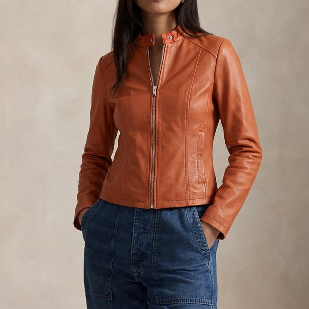 Womens Slim Fit Leather Moto Jacket with Asymmetrical Front Zipper