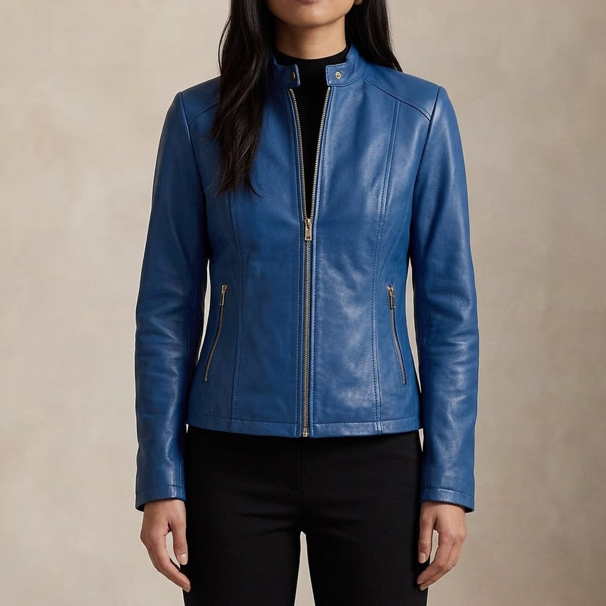 Womens Slim Fit Leather Moto Jacket with Asymmetrical Front Zipper