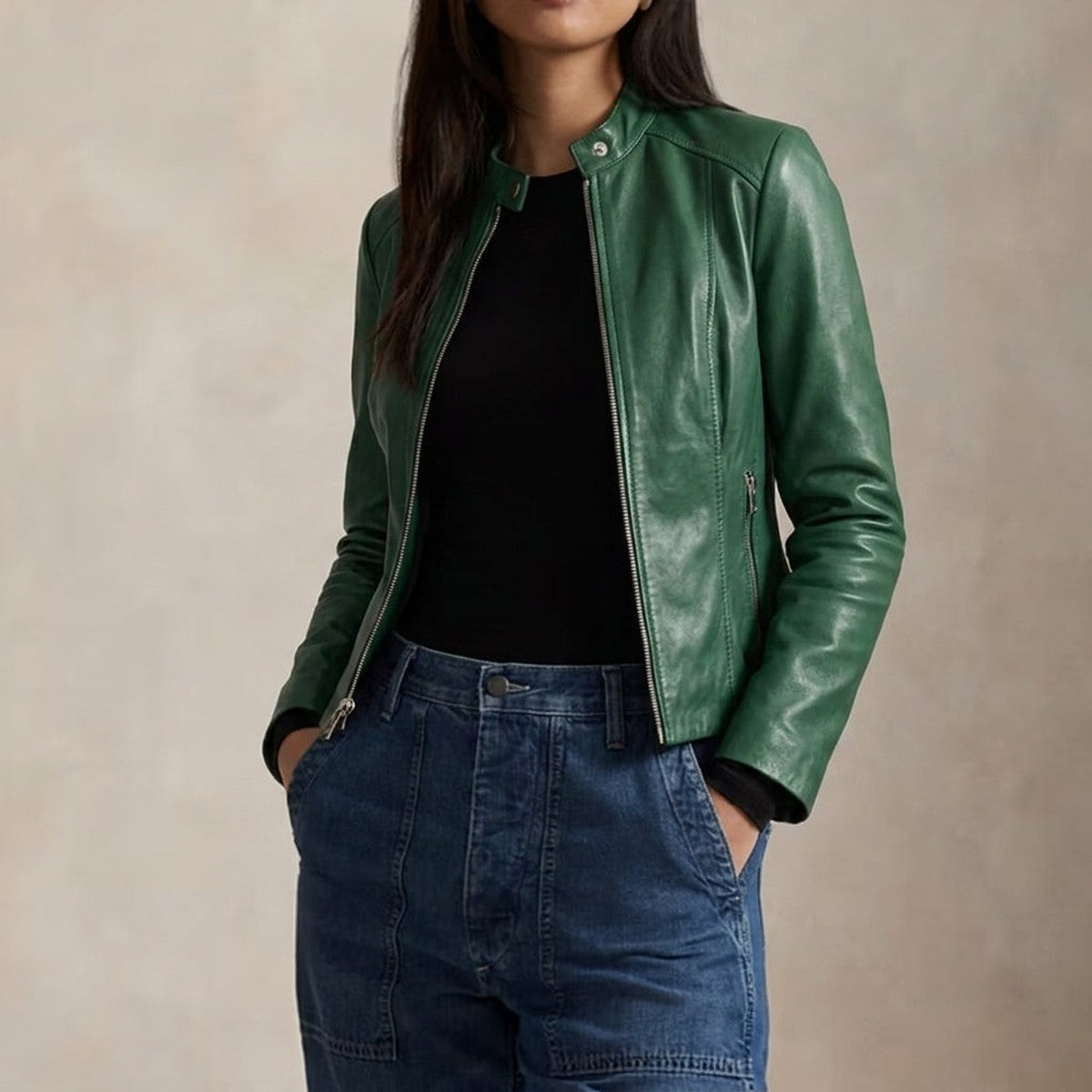 Womens Slim Fit Leather Moto Jacket with Asymmetrical Front Zipper