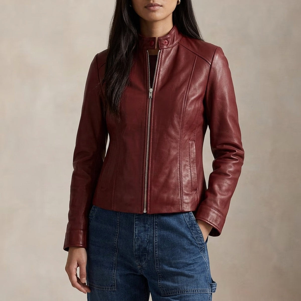Womens Slim Fit Leather Moto Jacket with Asymmetrical Front Zipper