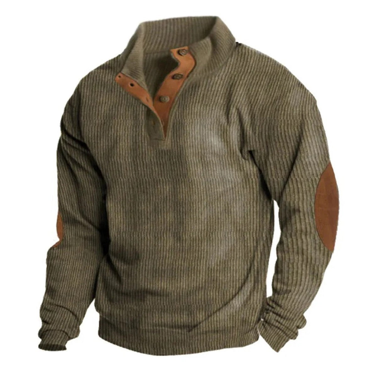 Men Ribbed Knit Pullover Sweater with Button Collar and Elbow Patches