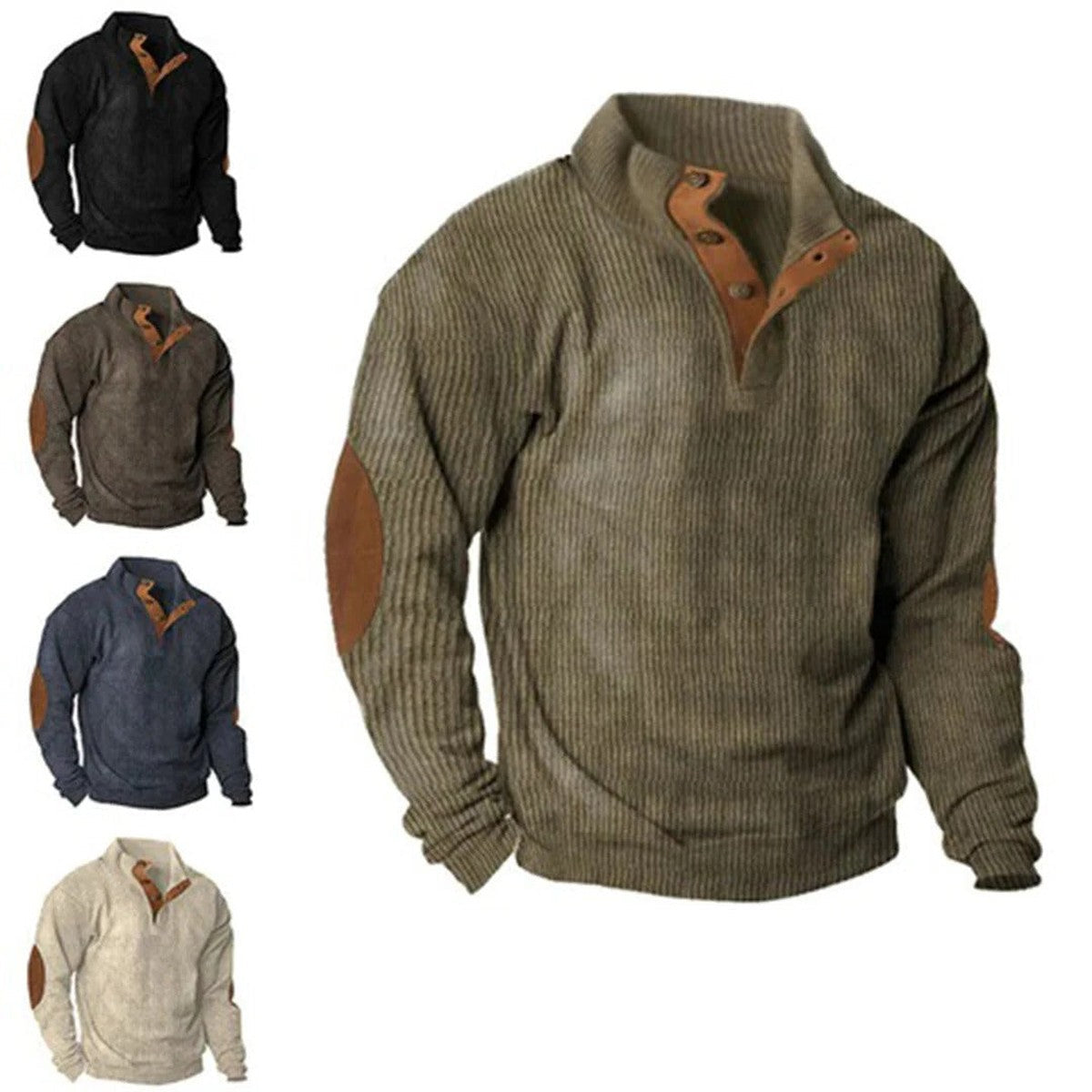 Men Ribbed Knit Pullover Sweater with Button Collar and Elbow Patches