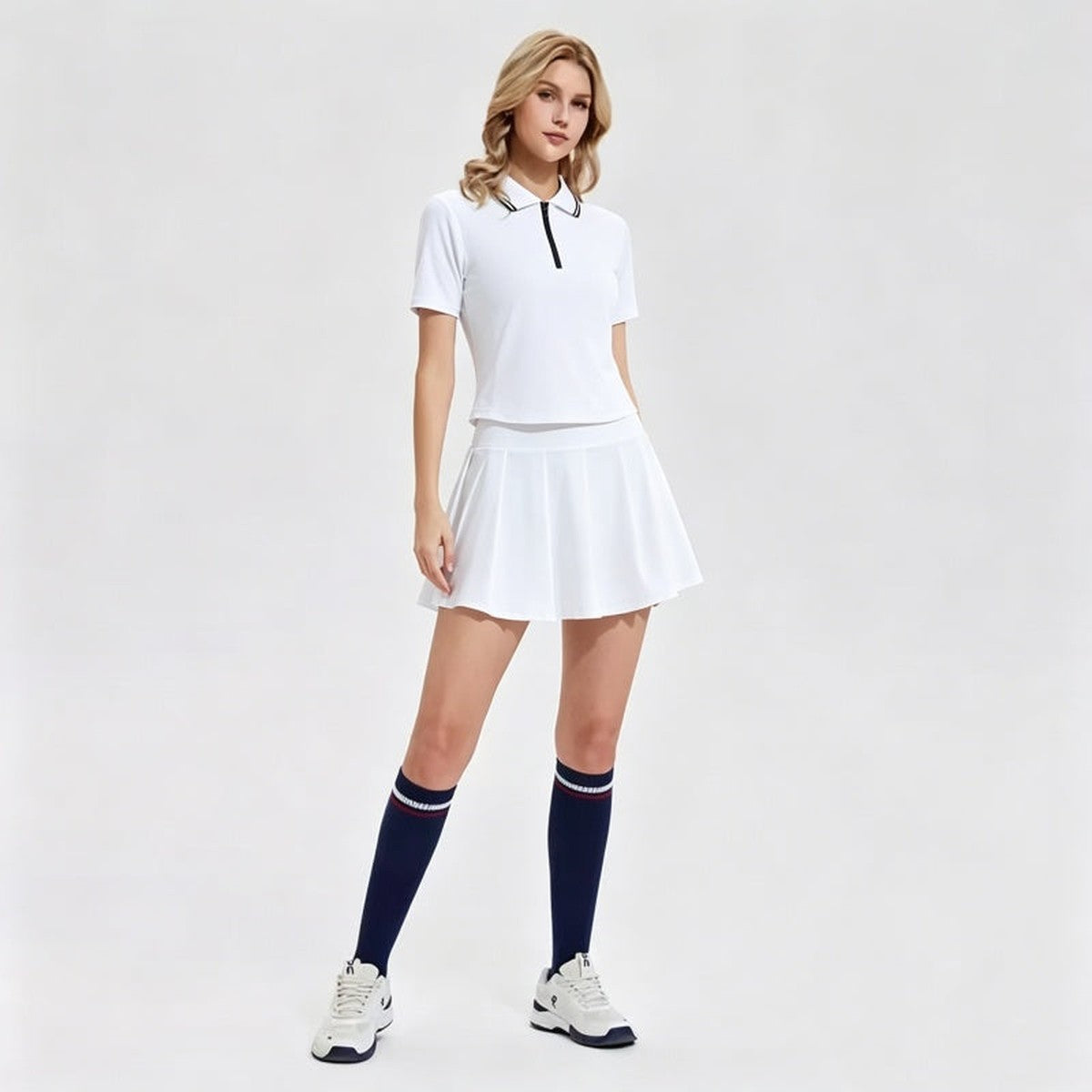 Women Athletic Polo Top and Pleated Tennis Skirt Two Piece Set with Striped Trim