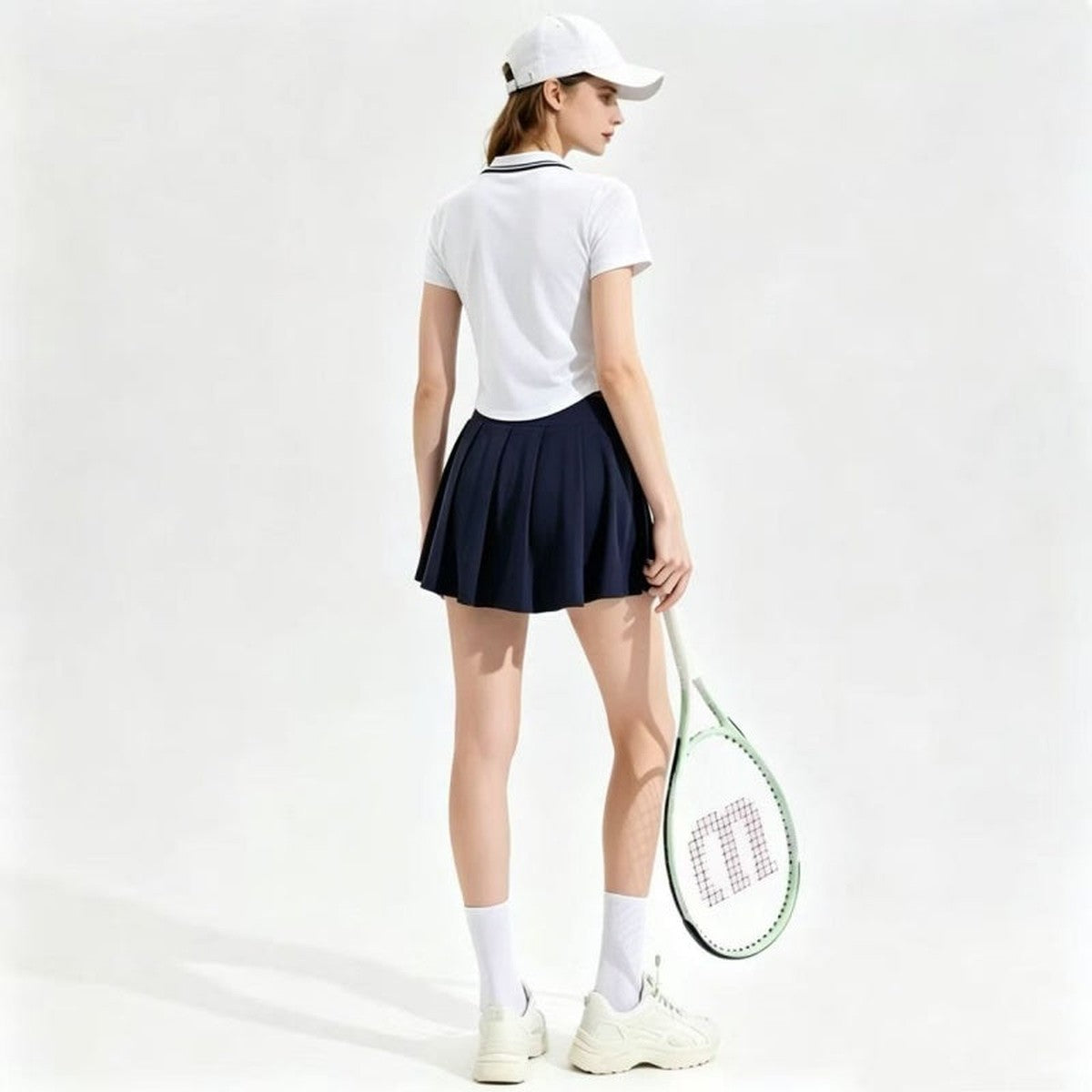 Women Athletic Polo Top and Pleated Tennis Skirt Two Piece Set with Striped Trim