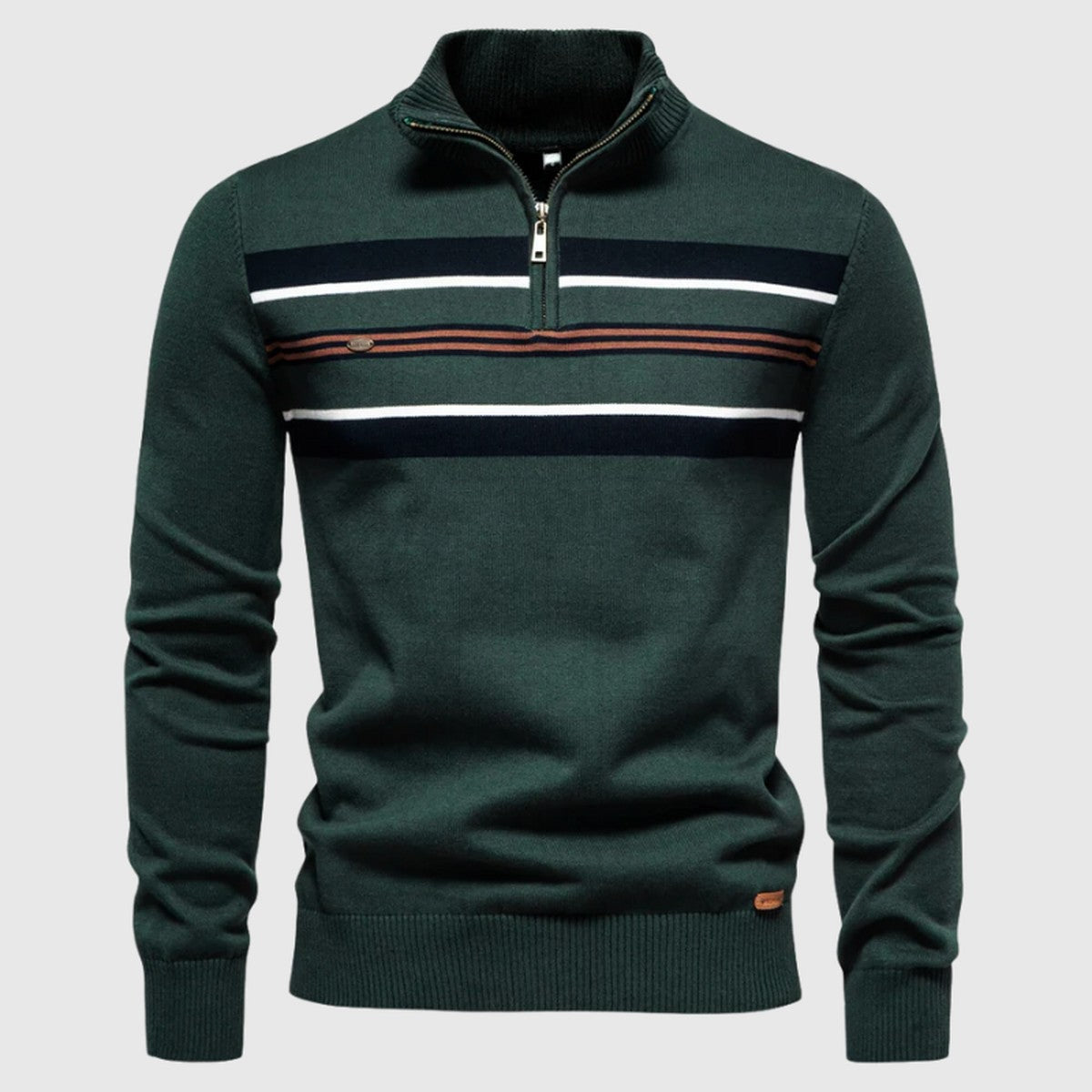 Men Long Sleeve Quarter Zip Knit Sweater with Horizontal Striped Chest Design