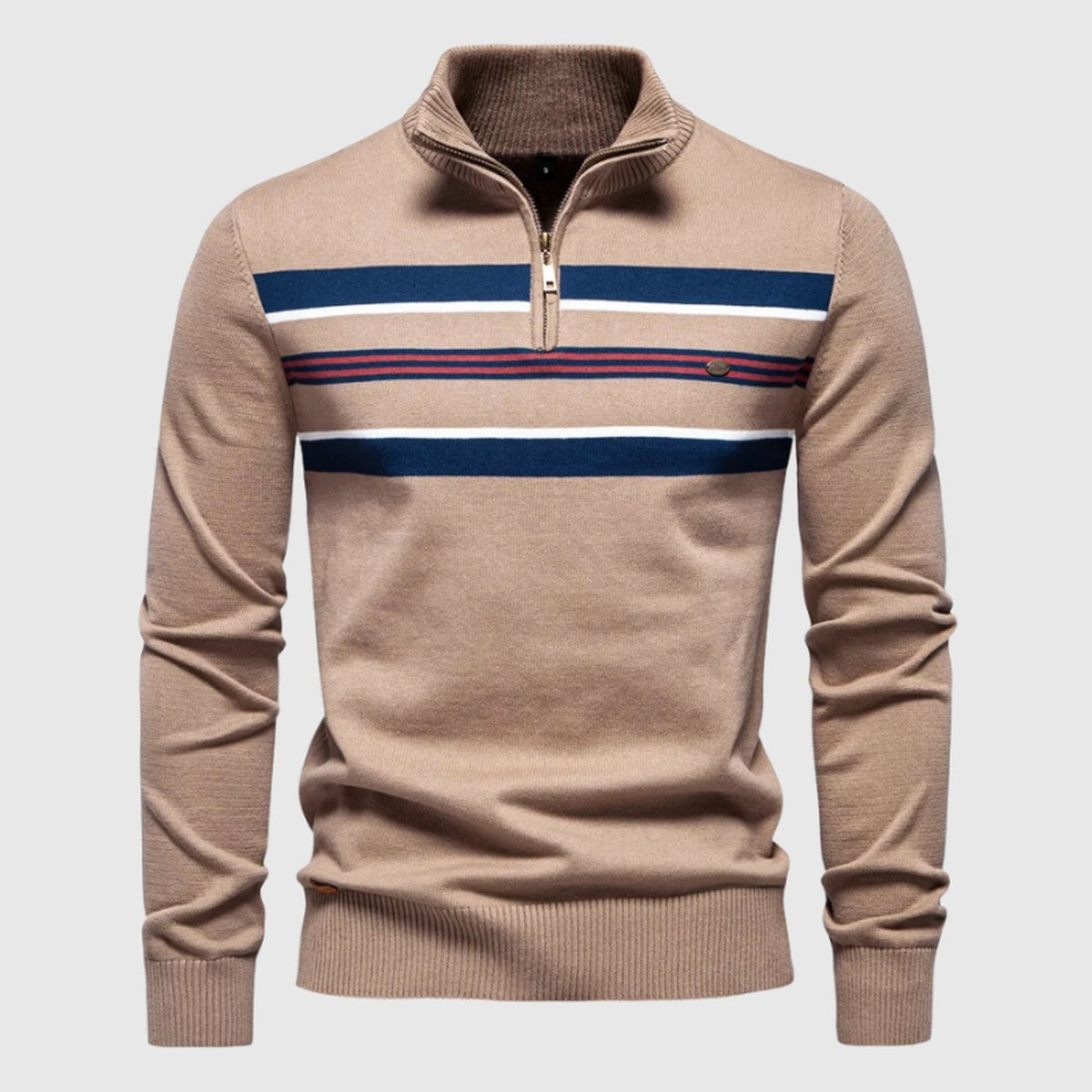 Men Long Sleeve Quarter Zip Knit Sweater with Horizontal Striped Chest Design