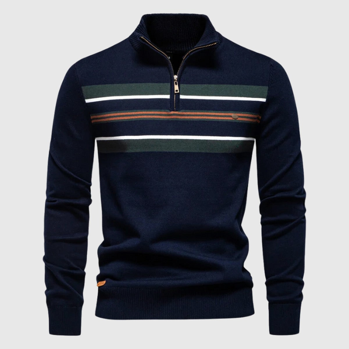 Men Long Sleeve Quarter Zip Knit Sweater with Horizontal Striped Chest Design