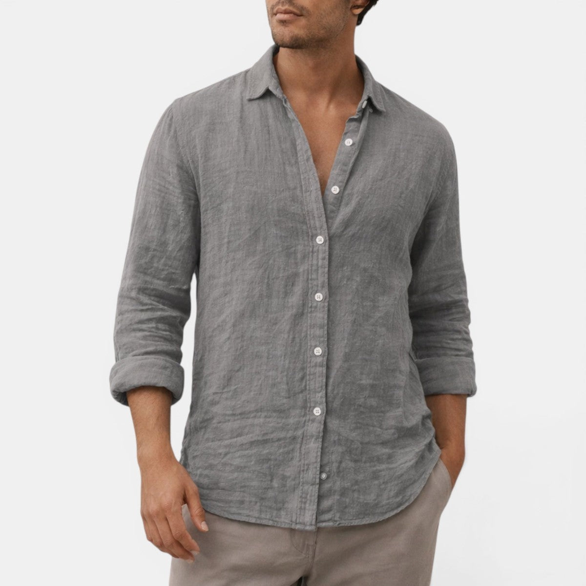 Mens Long Sleeve Button Up Shirt with Open Collar and Textured Fabric