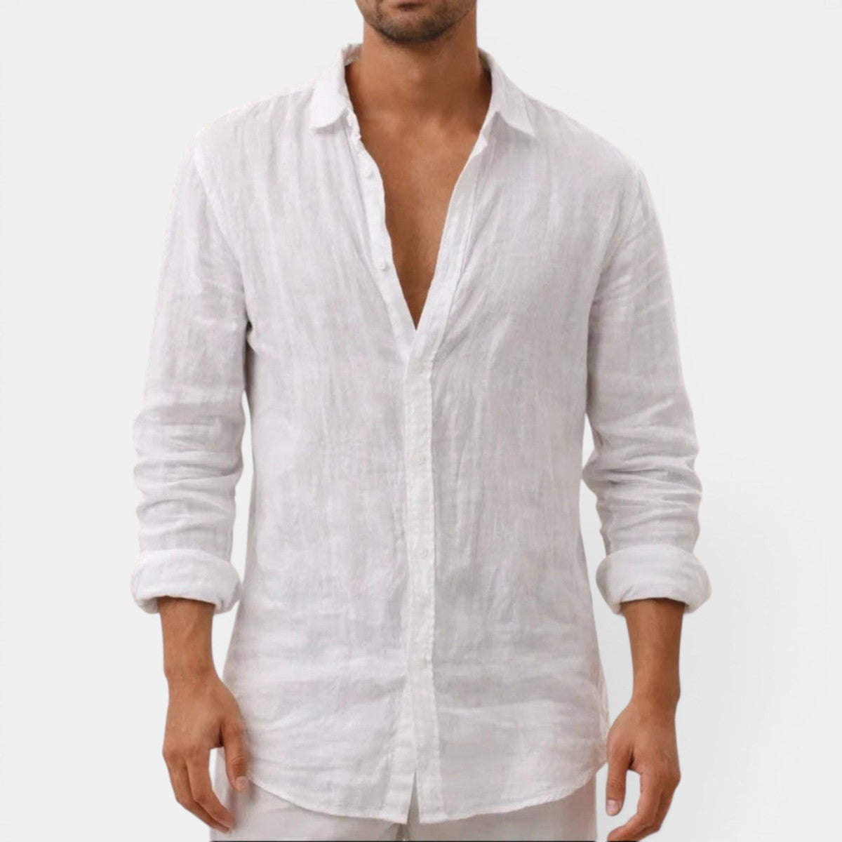 Mens Long Sleeve Button Up Shirt with Open Collar and Textured Fabric