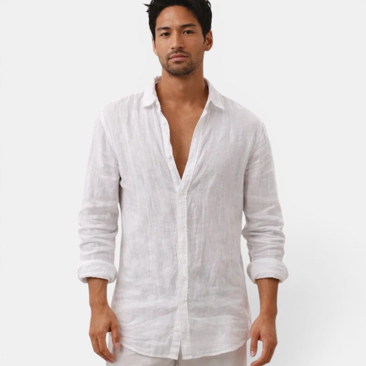 Mens Long Sleeve Button Up Shirt with Open Collar and Textured Fabric