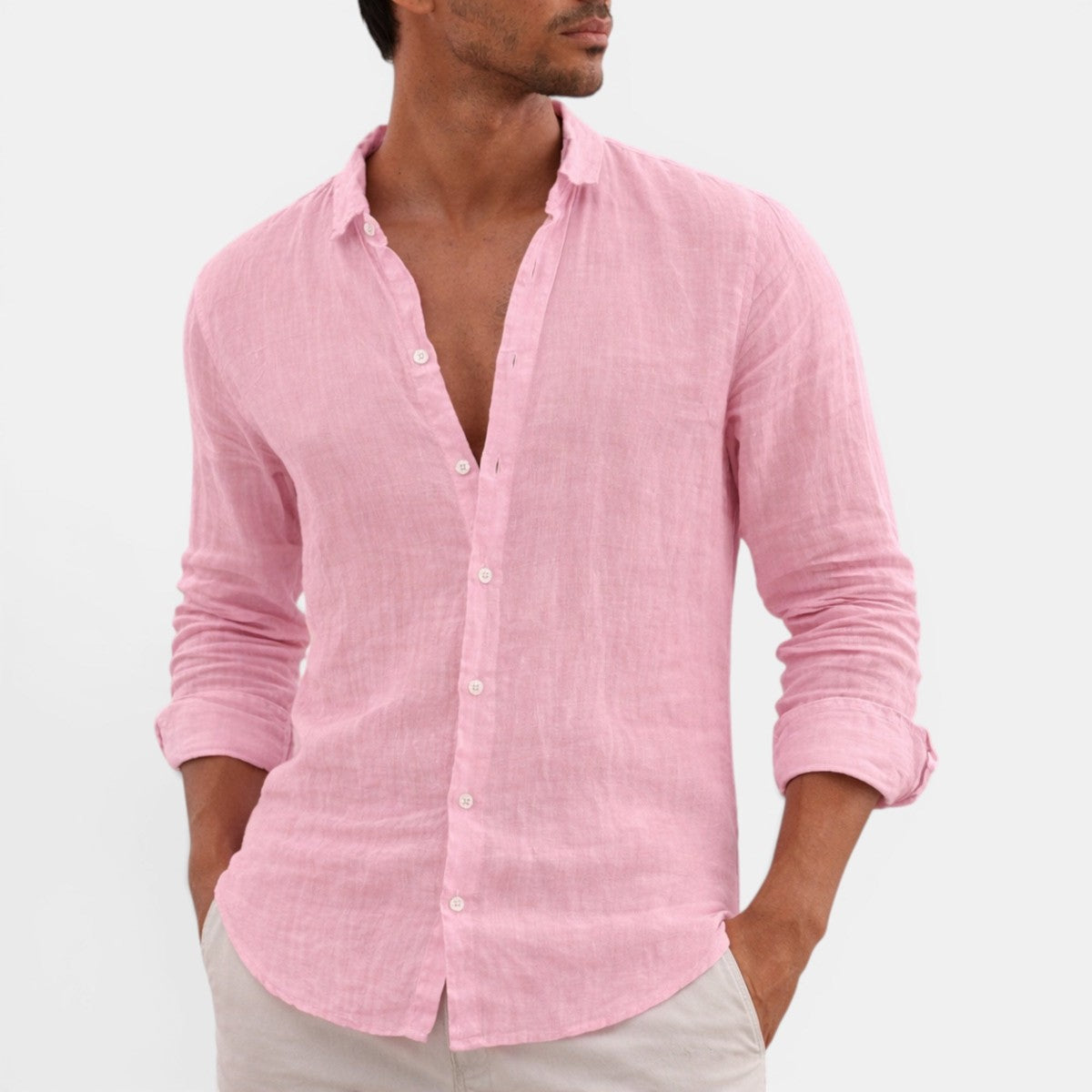 Mens Long Sleeve Button Up Shirt with Open Collar and Textured Fabric