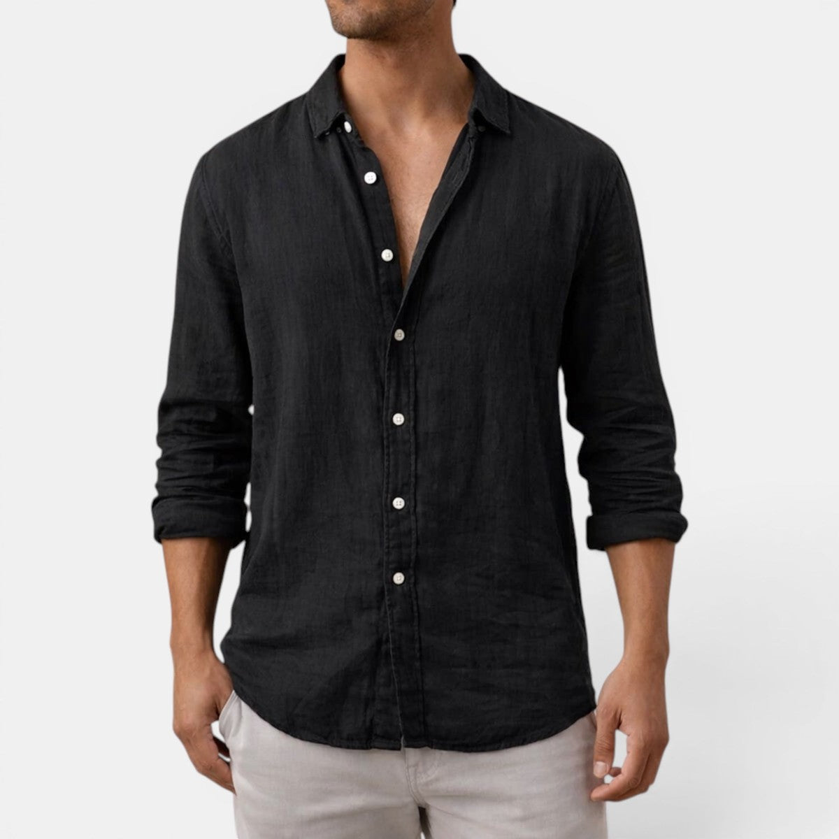 Mens Long Sleeve Button Up Shirt with Open Collar and Textured Fabric