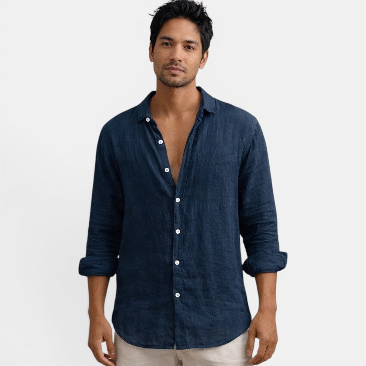 Mens Long Sleeve Button Up Shirt with Open Collar and Textured Fabric