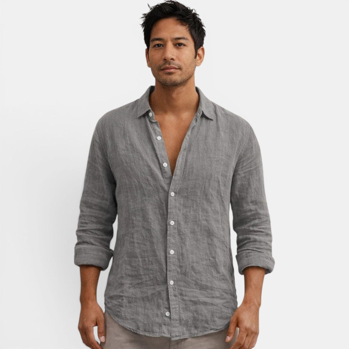 Mens Long Sleeve Button Up Shirt with Open Collar and Textured Fabric