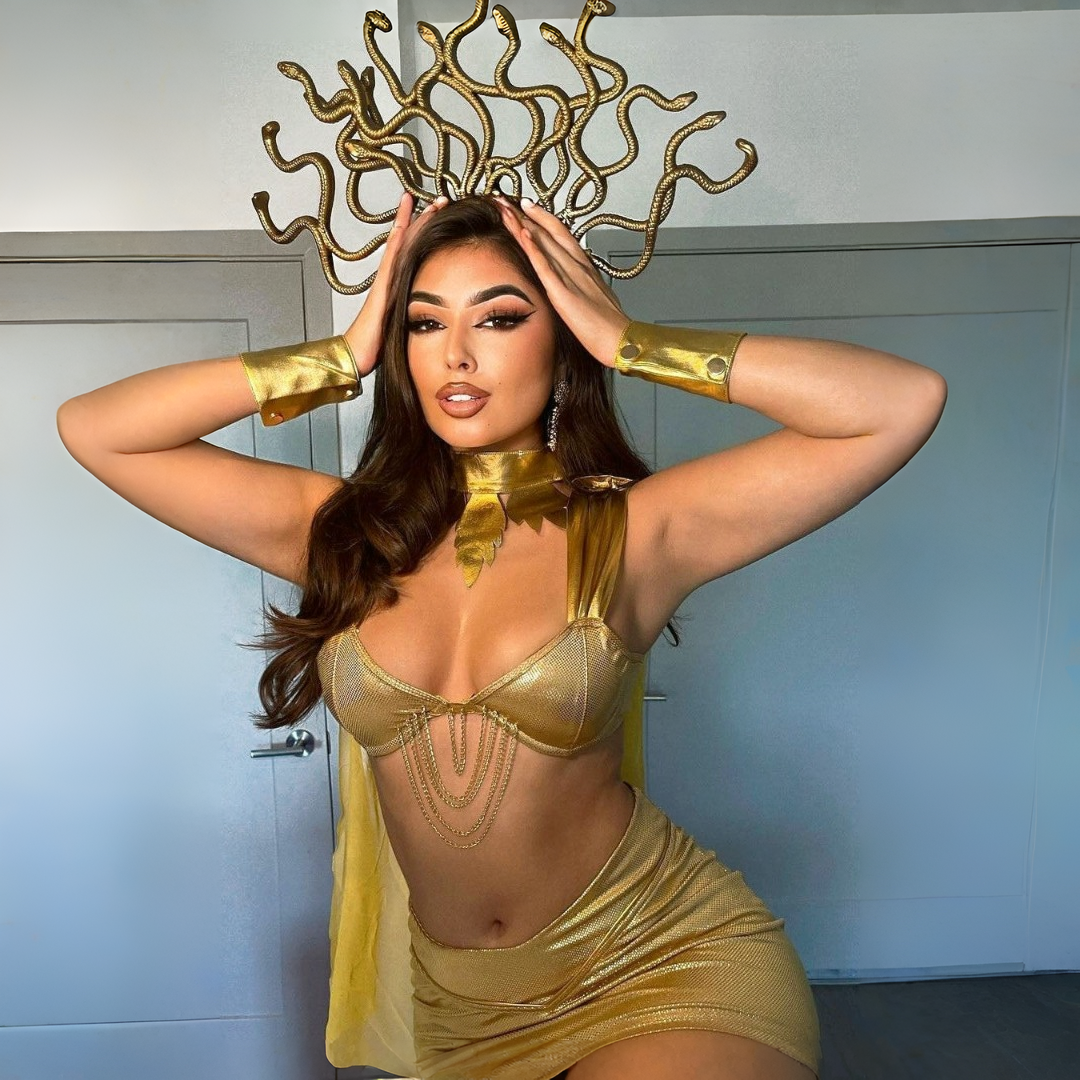 Mythological 5-Piece Costume Set with Snake Headpiece and Metallic Gold Finish