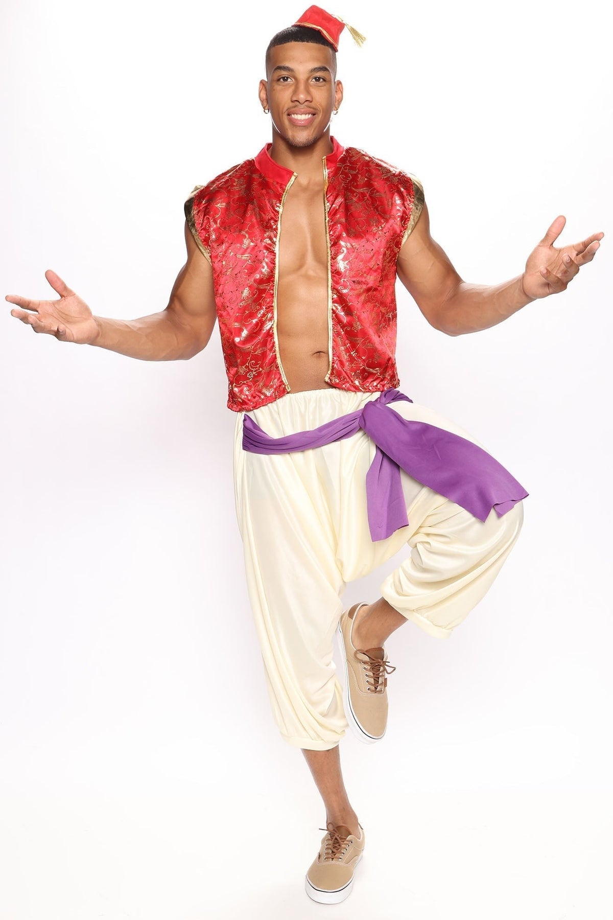 Mens Three Piece Red Costume Set with Decorative Trim and Embellishments