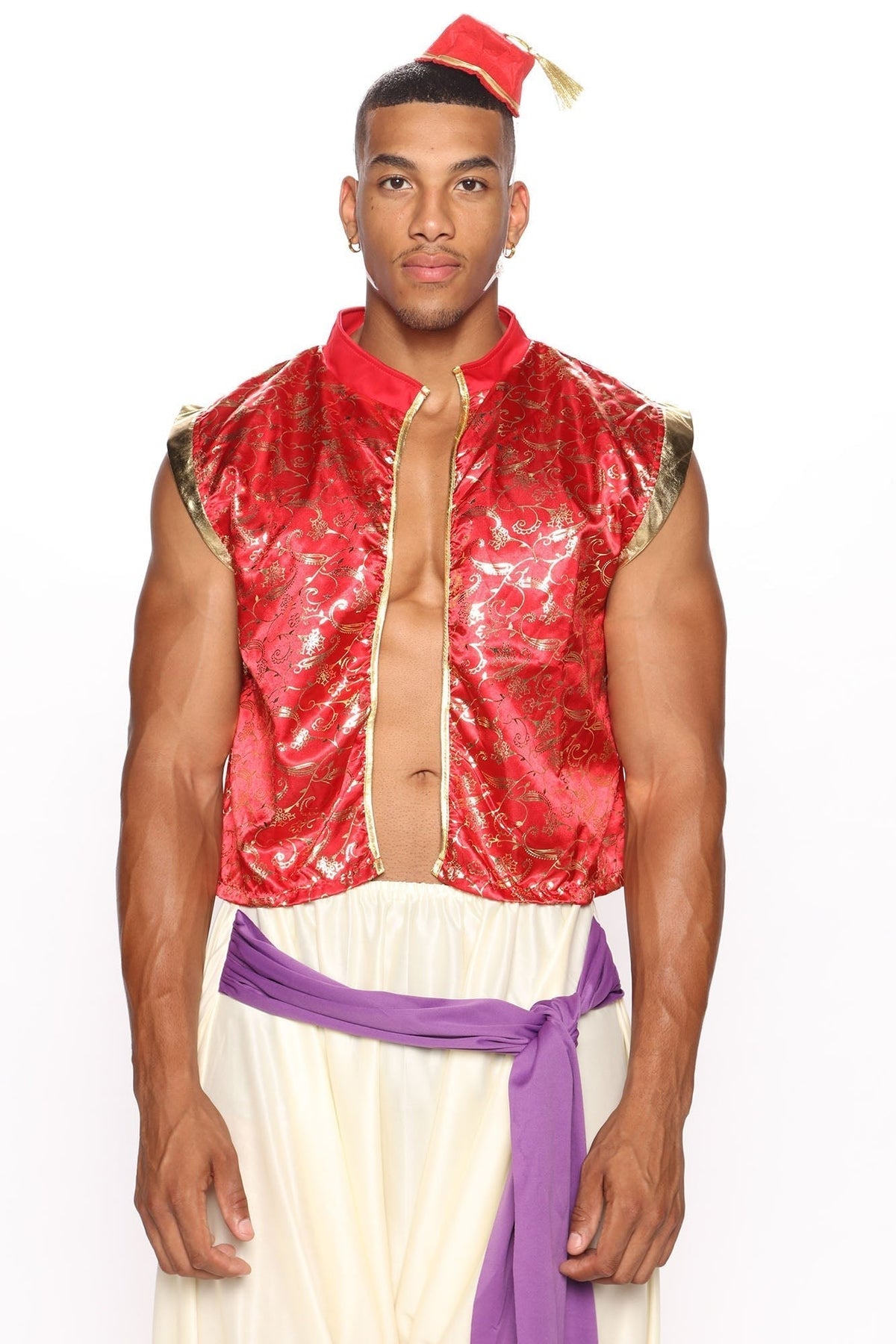 Mens Three Piece Red Costume Set with Decorative Trim and Embellishments