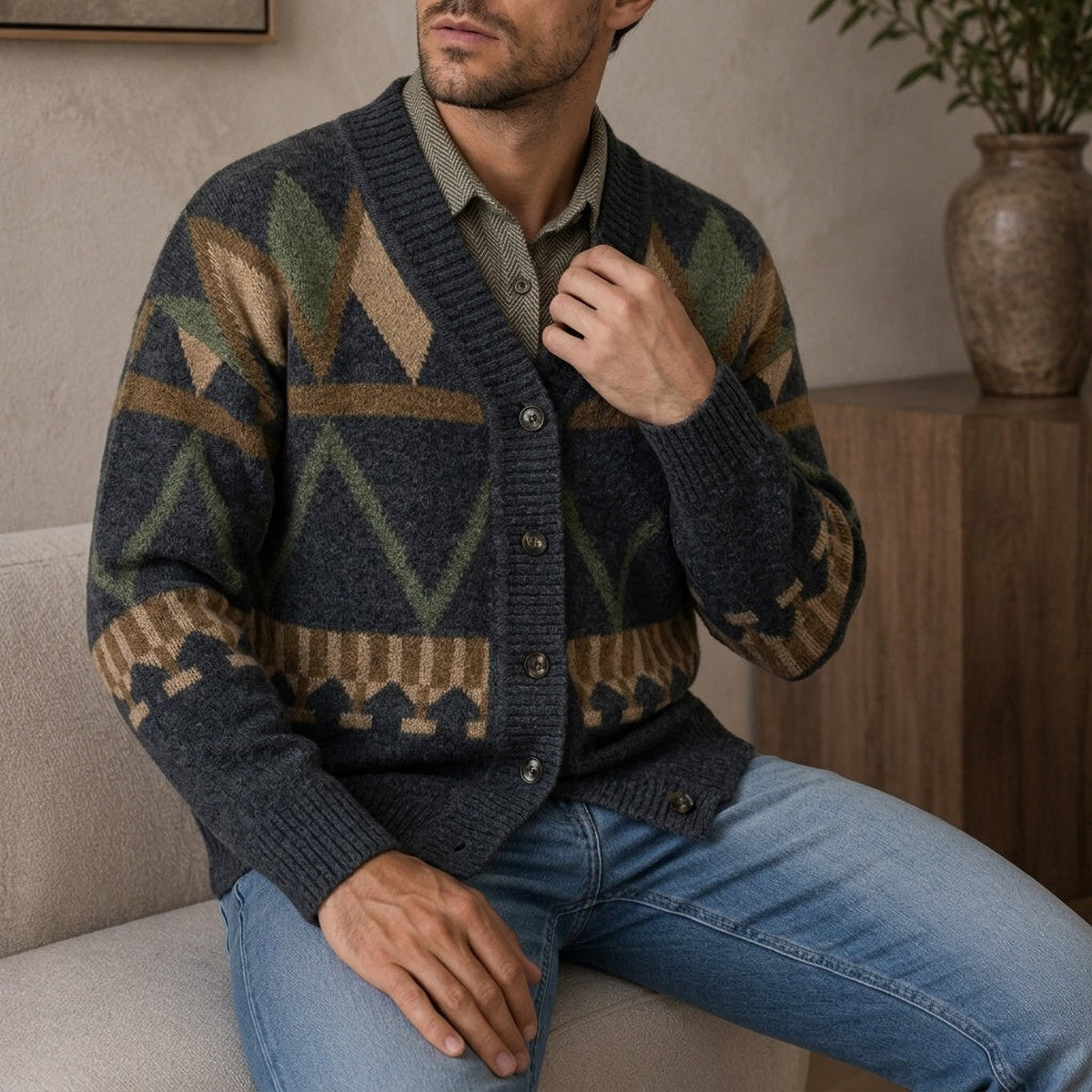 Men Knit Cardigan Sweater with Button Closure and Ribbed Trim