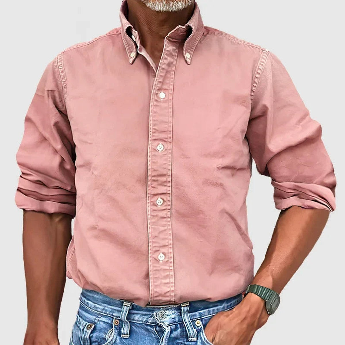Casual Cotton Linen Shirt with Band Collar and Long Sleeves