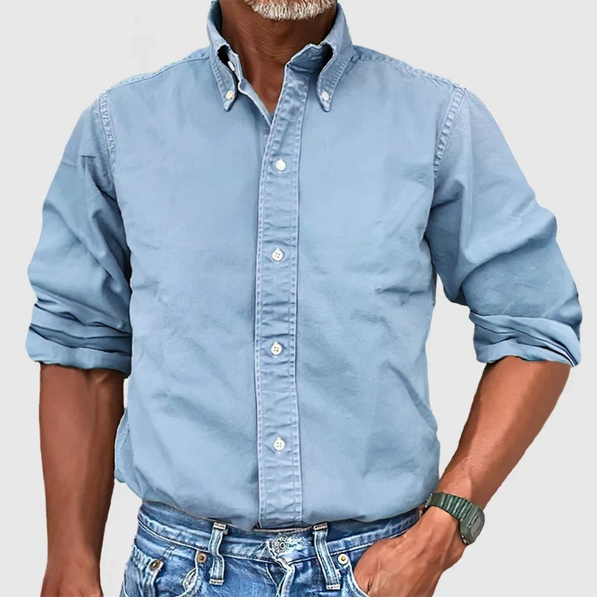 Casual Cotton Linen Shirt with Band Collar and Long Sleeves