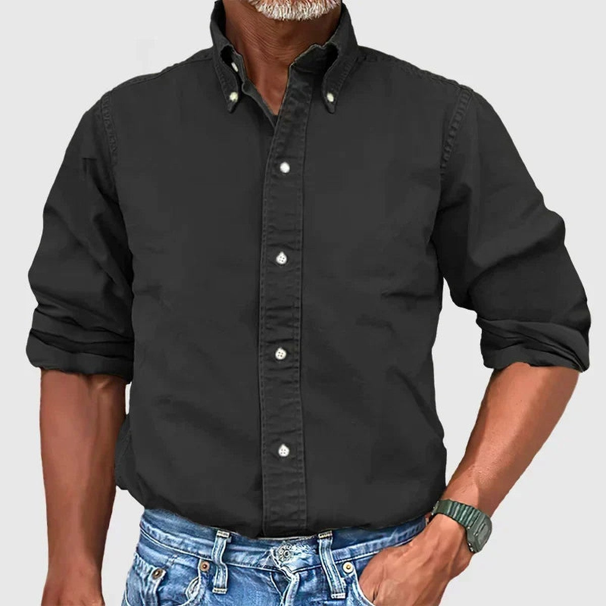Casual Cotton Linen Shirt with Band Collar and Long Sleeves