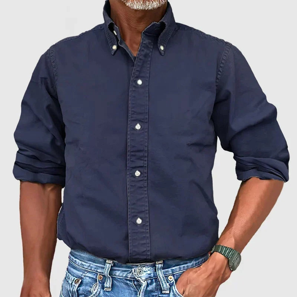 Casual Cotton Linen Shirt with Band Collar and Long Sleeves