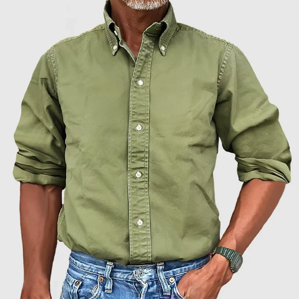 Casual Cotton Linen Shirt with Band Collar and Long Sleeves