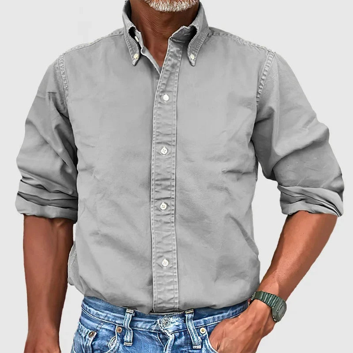 Casual Cotton Linen Shirt with Band Collar and Long Sleeves