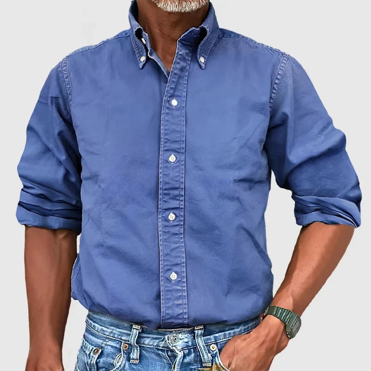 Casual Cotton Linen Shirt with Band Collar and Long Sleeves