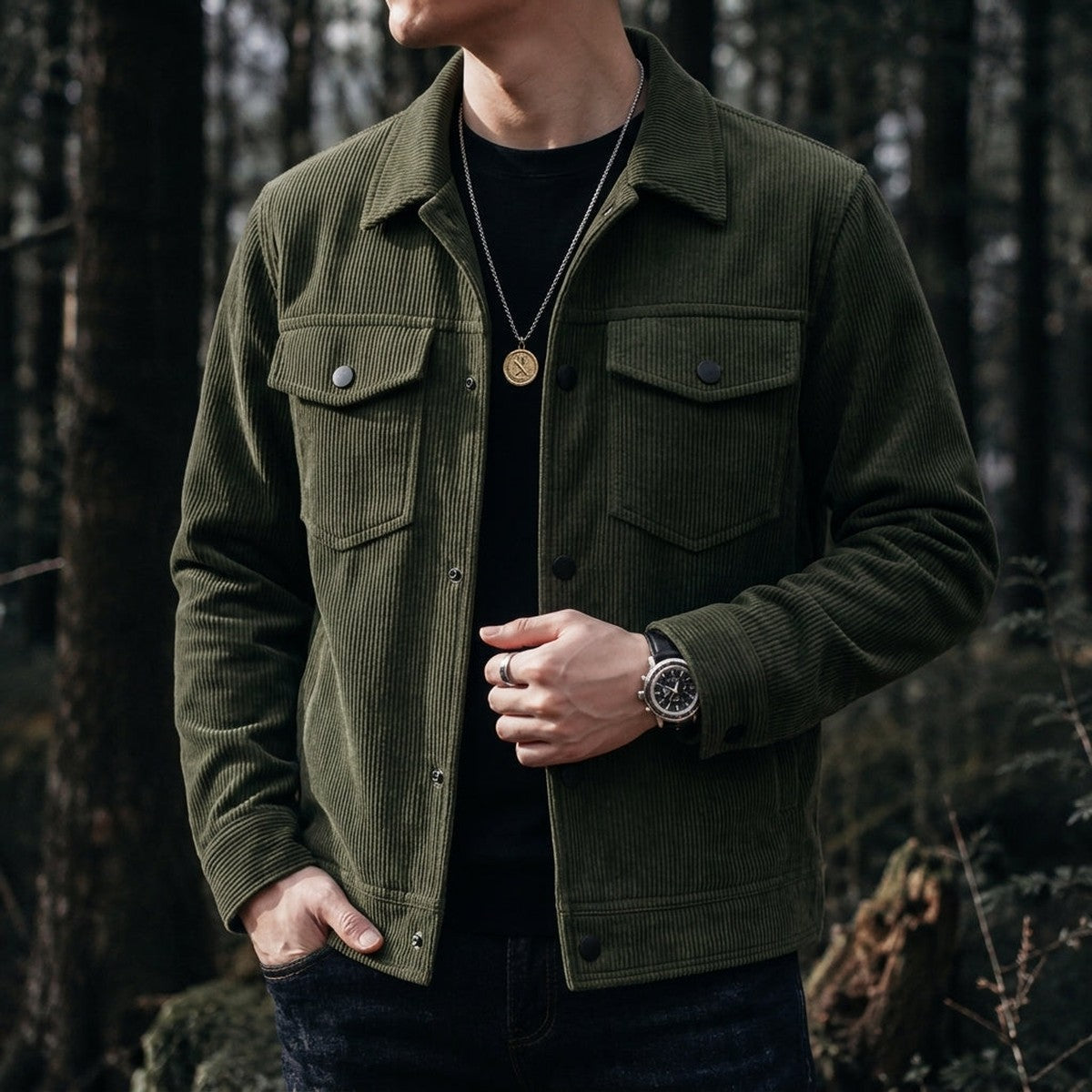 Men Corduroy Button Up Shirt Jacket with Flap Chest Pockets