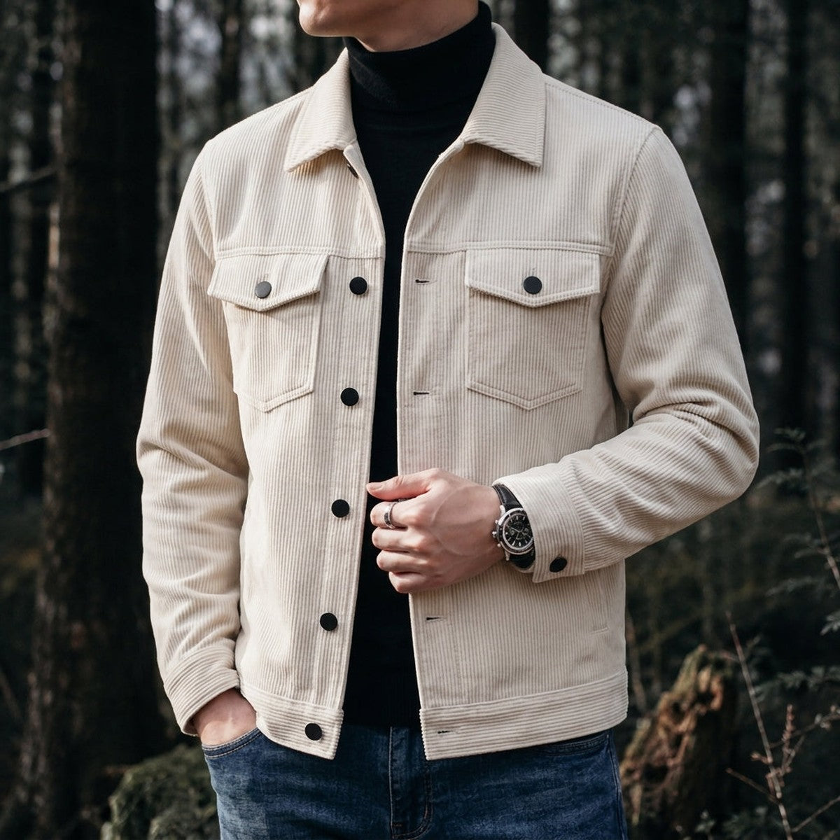 Men Corduroy Button Up Shirt Jacket with Flap Chest Pockets