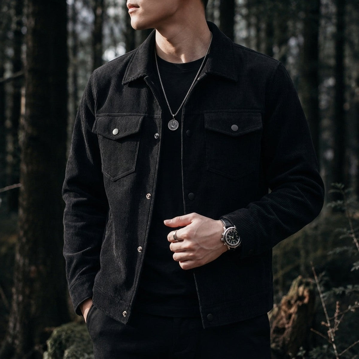 Men Corduroy Button Up Shirt Jacket with Flap Chest Pockets