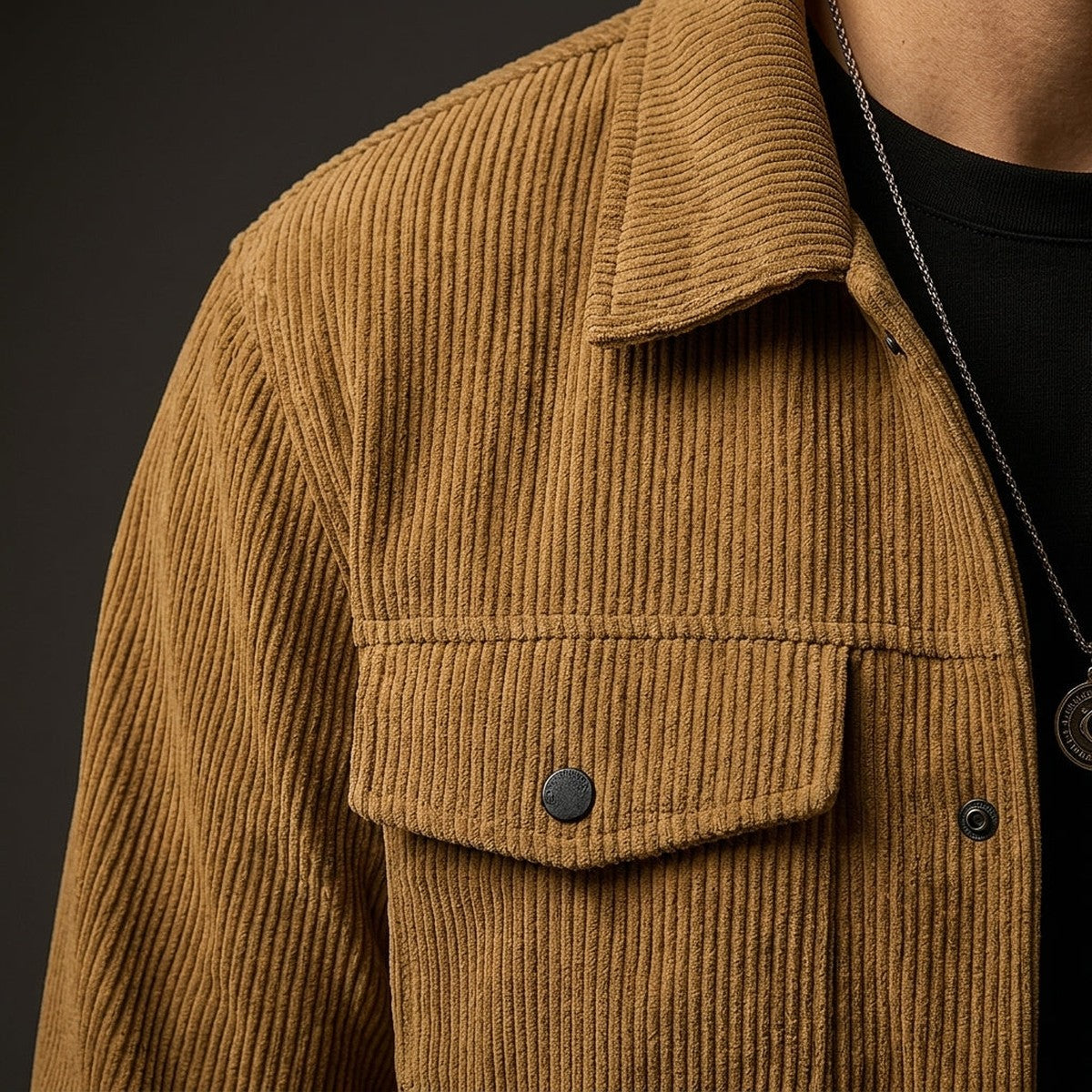 Men Corduroy Button Up Shirt Jacket with Flap Chest Pockets