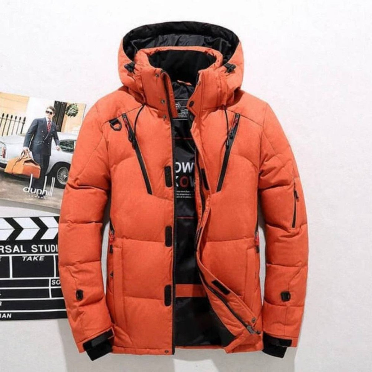 Men Lightweight Duck Down Winter Jacket with Hood and Zipper Pockets