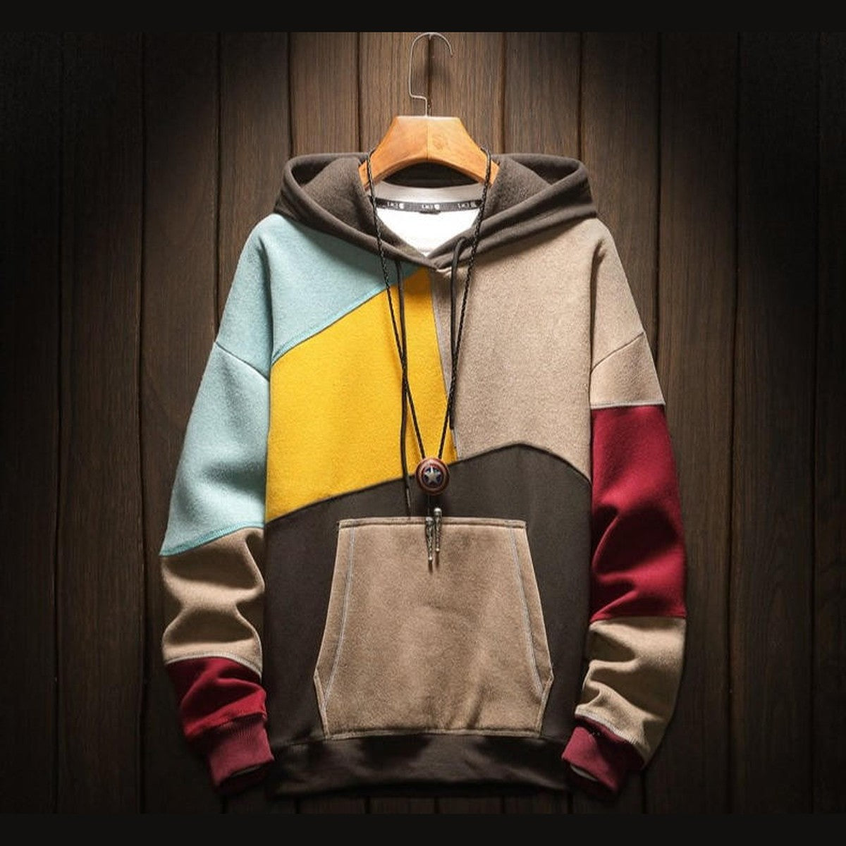 Mens Color Block Fleece Hoodie with Kangaroo Pocket and Drawstring Hood