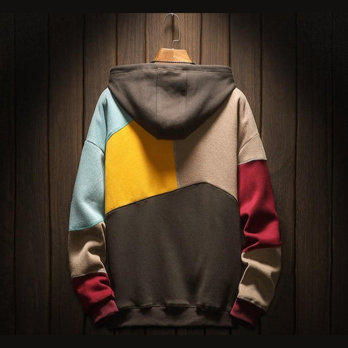 Mens Color Block Fleece Hoodie with Kangaroo Pocket and Drawstring Hood