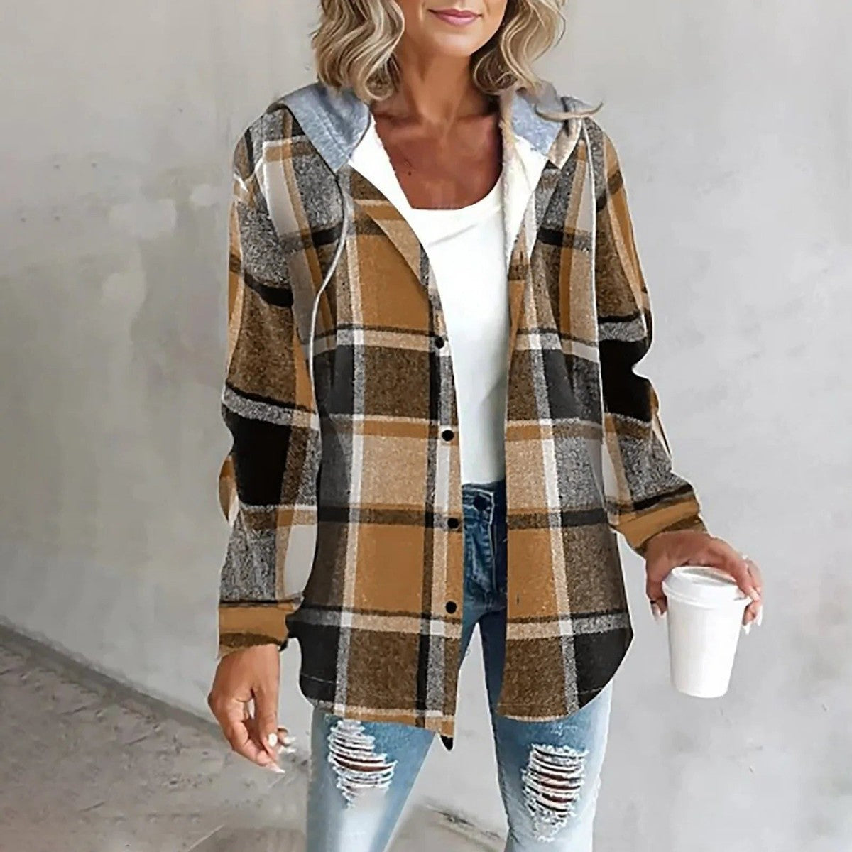 Oversized Plaid Cardigan with Button Front and Flat Collar, Roomy Fit